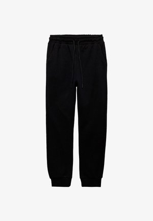 Schwarze Baumwoll-Sweatpants mit elastischem Bund, verstellbarem Kordelzug, Seitentaschen und gerafften Säumen. Weiches, strukturiertes Material.