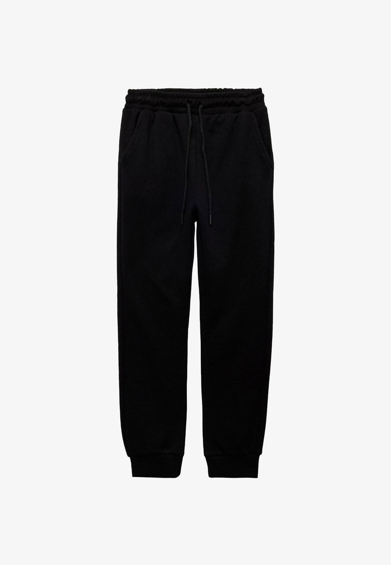 Black cotton sweatpants with an elastic waistband, adjustable drawstring, side pockets, and cuffed hems. Soft textured material.