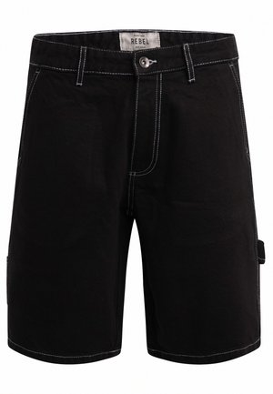 Black cotton shorts featuring white stitching, a front button and zip fly, with a side pocket. Tag label reads "REBEL."