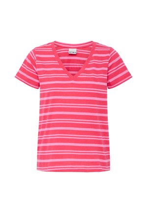 Różowy T-shirt z krótkim rękawem i dekoltem w serek, z poziomymi paskami w naprzemiennych jasnych i jasnoróżowych odcieniach.