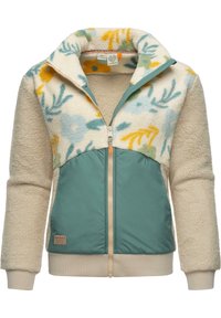 Giacca in pile con motivo floreale sulla parte superiore crema, sezione inferiore turchese e polsini inferiori beige. Presenta una cerniera intera e colletto alto.