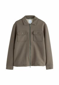 Brown zip-up jacket with two front patch pockets, button closures, a collar, and a soft inner lining. Made of textured material.