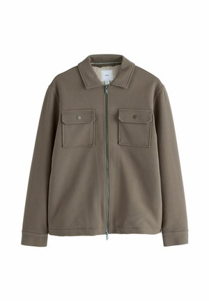 Brown zip-up jacket with two front patch pockets, button closures, a collar, and a soft inner lining. Made of textured material.