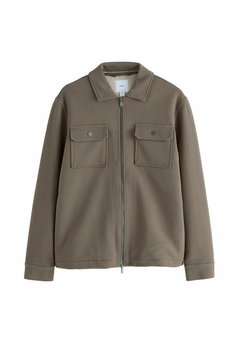 Brown zip-up jacket with two front patch pockets, button closures, a collar, and a soft inner lining. Made of textured material.