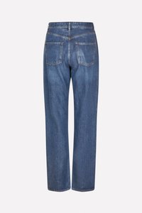 Blue denim jeans with a straight leg design, featuring a high waistband, two back pockets, and visible stitching details.