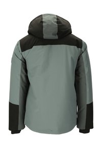 Herrejakke i lys grå og sort. Har hætte, slankt design og en blanding af mat og tekstureret stof. Ingen synlige lukninger.