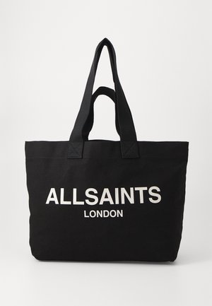 Sort mulepose med to skulderstropper med "ALLSAINTS LONDON" trykt i hvidt på forsiden.