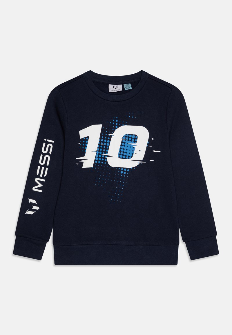 Felpa blu navy in cotone, con una grafica del numero "10" realizzata in punti bianchi e blu, e la scritta "MESSI" stampata sulla manica.