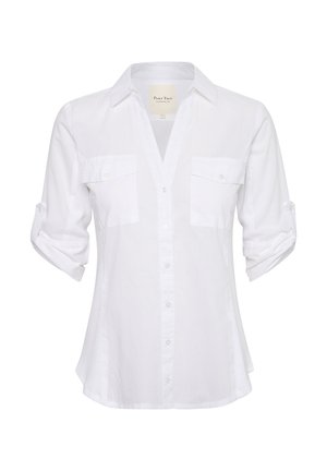 White button-up shirt made of linen, featuring a V-neck, two chest pockets, and rolled-up sleeves with button tabs. Smooth texture.