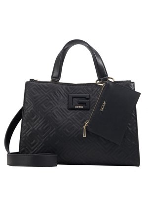 Schwarze gesteppten Handtasche mit kurzen Griffen, abnehmbarem Schulterriemen und passender, mit Reißverschluss versehener Tasche, beide mit dem Markenzeichen Guess.