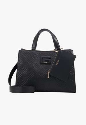 Borsa trapuntata nera con manici corti, tracolla rimovibile e pochette coordinata con cerniera attaccata, entrambe firmate Guess.