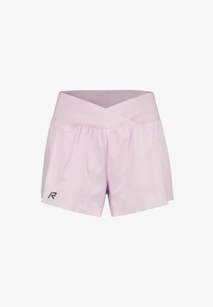 Pantalones cortos deportivos de color rosa claro con una cintura ancha y cruzada, con textura perforada y un detalle de logo en la parte inferior izquierda.