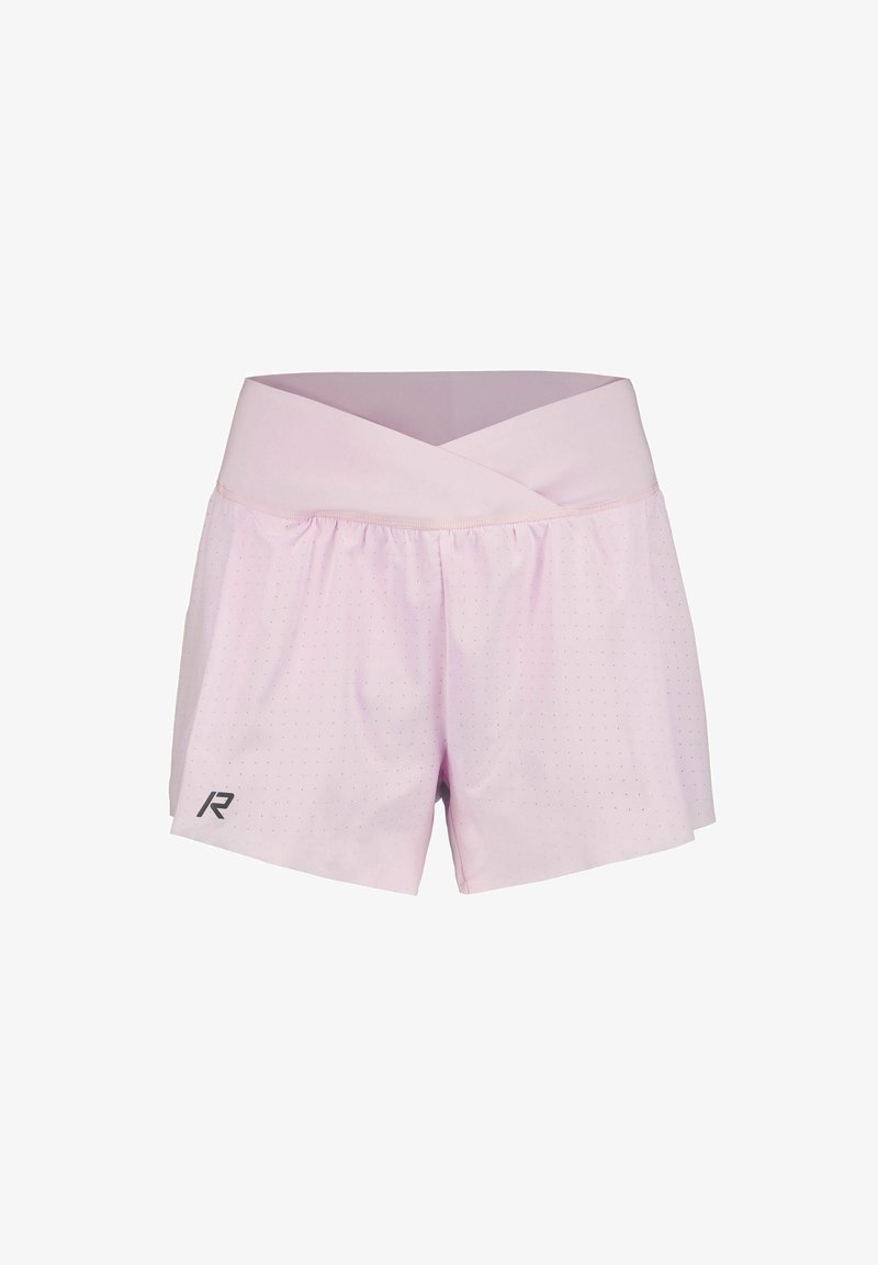 Lyserøde sportsshorts med bredt, krydset taljebånd, der har en perforeret tekstur og et logodetalje på nederste venstre side.