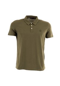 Polo shirt vert olive en coton. Doté d'un col classique, d'une patte de boutonnage à trois boutons et d'un petit logo sur la poitrine gauche. Manches courtes.