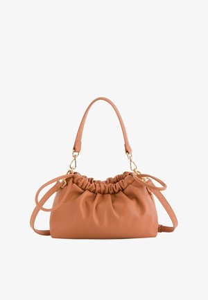 Brown ruched leather handbag with short handle and detachable long strap, featuring gold-tone hardware and a soft, gathered design.