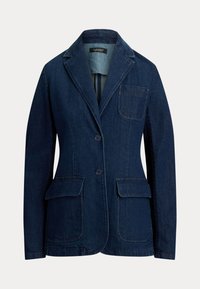 Denim blazer in donkerblauw, met een gelapte revers, sluiting met twee knopen en twee voorzakken. Geweven stof met minimale stikseldetails.