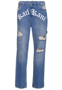 Mėlyni džinsai iš džinso medžiagos, laisvo kirpimo, su didelėmis plyšiais priekyje ir baltu "Karl Kani" logotipu ant juosmens juostos.