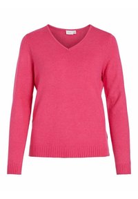 Sweter pulower w serek w jasnoróżowym kolorze, wykonany z miękkiego materiału. Posiada długie rękawy i prążkowany dół. Prosty, dopasowany fason.