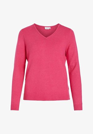 V-Ausschnitt Pullover in leuchtendem Pink, aus weichem Stoff gefertigt. Mit langen Ärmeln und einem gerippten Saum. Einfaches, figurbetontes Design.