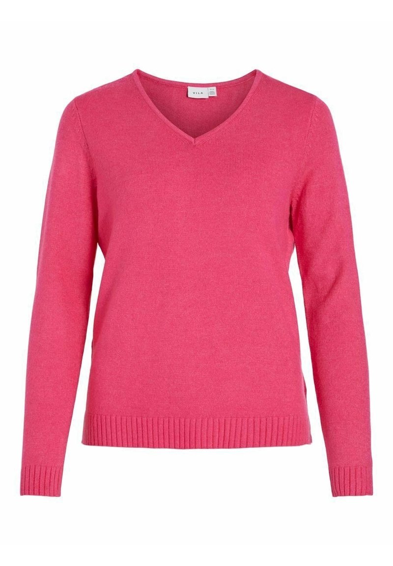Sweter pulower w serek w jasnoróżowym kolorze, wykonany z miękkiego materiału. Posiada długie rękawy i prążkowany dół. Prosty, dopasowany fason.