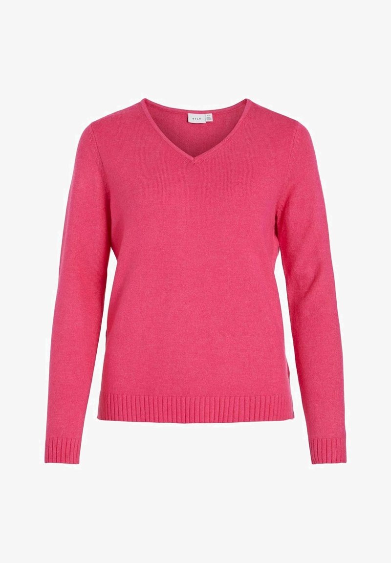 Sweter pulower w serek w jasnoróżowym kolorze, wykonany z miękkiego materiału. Posiada długie rękawy i prążkowany dół. Prosty, dopasowany fason.