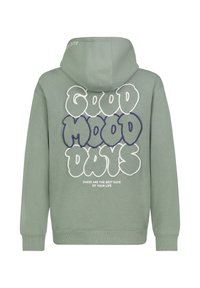 Grüner Kapuzenpullover mit großen Grafik auf dem Rücken und dem Text "GOOD MOOD DAYS" in fetter, verspielter Typografie sowie einer weichen Textur.