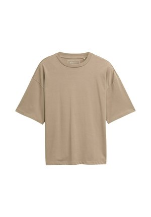Bež majica s kratkimi rokavi, sproščenega kroja, okroglim ovratnikom in gladko teksturo. Brez vidnih vzorcev ali dodatkov.