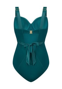 Tyrkysový jednodílný plavky s vykrojenými košíčky, širokými ramínky a zlatým kovovým detailem. Obsahuje vlastní zavazovací pásek pro nastavitelné uchycení. Hladká textura.