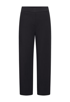 Schwarze, gerade Hose mit elastischem Bund, glattem Stoff und ohne sichtbare Taschen oder Verzierungen.