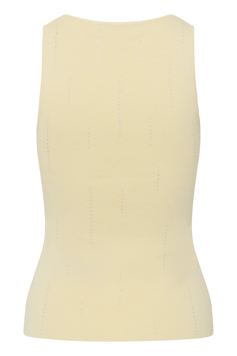 Haut beige sans manches en tricot avec de subtils motifs verticaux perforés et une taille légèrement ajustée.