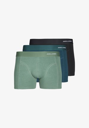 Three pairs of boxer briefs in green, teal, and black. Each has a soft fabric, elastic waistband with "JACK & JONES" logo, and a fitted design.