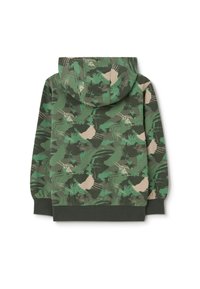 Felpa con cappuccio in camouflage con un motivo astratto di foglie verdi, beige e verde scuro; presenta una vestibilità rilassata e polsini ribattuti all'orlo.
