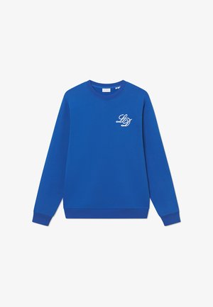 Blå sweatshirt med rund hals, lange ærmer, ribbede manchetter og kant. Har et hvidt "LD" logo på brystet. Fremstillet af et glat stof.