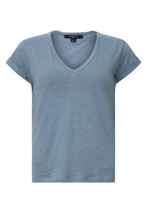 Lysblå V-neck t-shirt med korte, opsmøgede ærmer, lavet af blødt, tekstureret stof, med en afslappet pasform og lige kant.