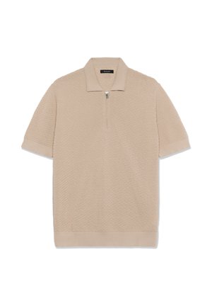 Beiges Polohemd mit kurzen Ärmeln, einem halbhohen Reißverschluss am Kragen, strukturiertem Stoff mit gewebtem Muster sowie gerippten Bündchen und Saum.