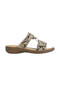 Sandale à enfiler avec motif peau de serpent beige et noir, deux brides réglables, détail anneau argenté et semelle marron matelassée.