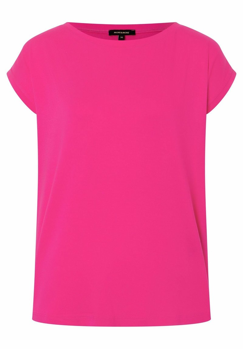 Top de manga corta, de un brillante color rosa, con escote redondeado. Hecho de una tela suave, con un corte holgado y sin patrones ni acentos visibles.