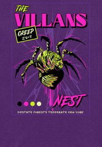 Fialové tričko s grafikou obsahující zelený design pavouka s černými akcenty, text "THE VILLAINS" a "NEST" v růžové barvě, a detaily ve stylu rozstřiku.