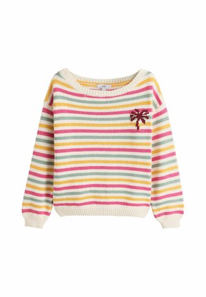Children's knit sweater with horizontal stripes in yellow, pink, green, and white, featuring a small red palm tree design on the chest.