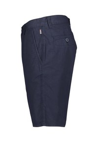Pantaloni corti blu navy in cotone con design a piatto, tasche laterali e posteriori, e chiusura con bottone. Presenta un piccolo logo sull'elastico in vita.