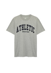 Szara bawełniana koszulka z krótkim rękawem z ciemnoniebieskim nadrukiem słowa "ATHLETIC" oraz "DEPARTMAN" w formie łuku.