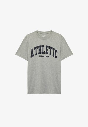 Grijze katoenen t-shirt met korte mouwen, voorzien van een donkerblauwe opdruk van het woord "ATHLETIC" en "DEPARTMAN" in een boogontwerp.