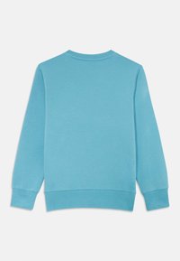 Sweatshirt azul claro com mangas compridas, gola redonda, punhos e bainha canelados, apresentando uma textura suave e um design minimalista.