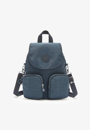 Navy blue backpack made of soft fabric, featuring a flap closure, two front zip pockets, and adjustable shoulder straps with a top handle.