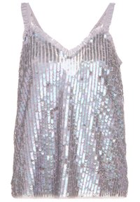 Top in paillettes argento con scollatura a V e spalline sottili. Presenta paillettes iridescenti luccicanti e una rifinitura voluminosa lungo il collo.