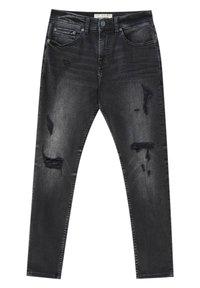 Svart slitna skinny jeans med bleknade områden och hål på framsidan av låren och knäna, har framfickor och bältesömmar.