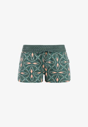 Donkergroene shorts met perzikkleurige geometrische patronen, voorzien van een gehaakte tailleband en een voorste trekkoord.