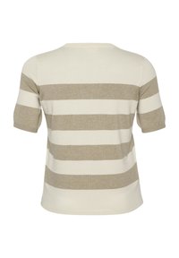 Tricou scurt cu maneci, cu dungi bej și crem, textură tricotată, decolteu rotund, având dungi orizontale de lățimi variabile. Vedere din spate.