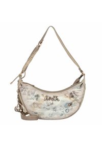 Hobo-Tasche aus weichem, mehrfarbigem Synthetikmaterial mit floralen Mustern. Mit geflochtenem Trageriemen, Logodetail und abnehmbarem Anhänger.