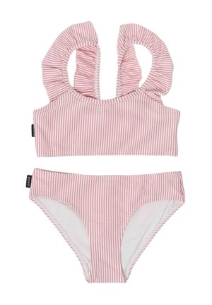 Pink-weiß vertikal gestreifter Mädchen-Bikini mit gerafften Trägern und passendem Höschen, beide mit schwarzen Markenetiketten.
